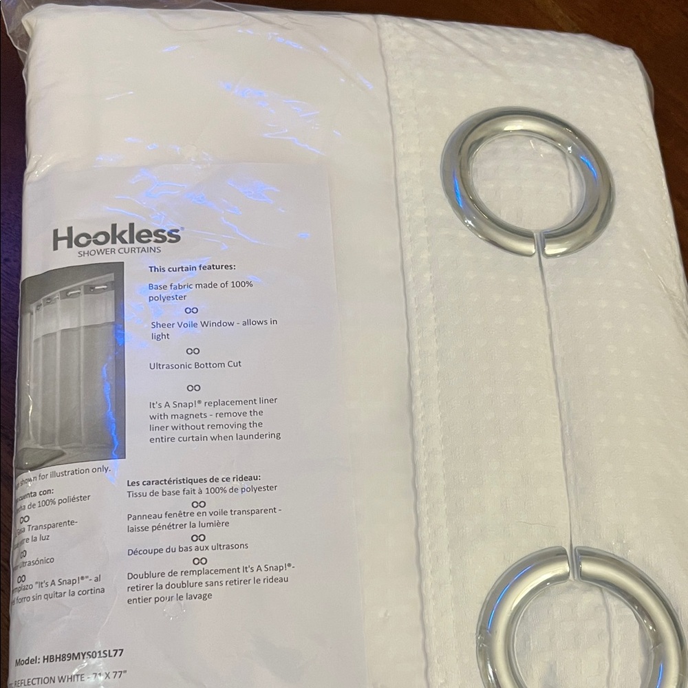 White Shower Curtain with Silver Rings